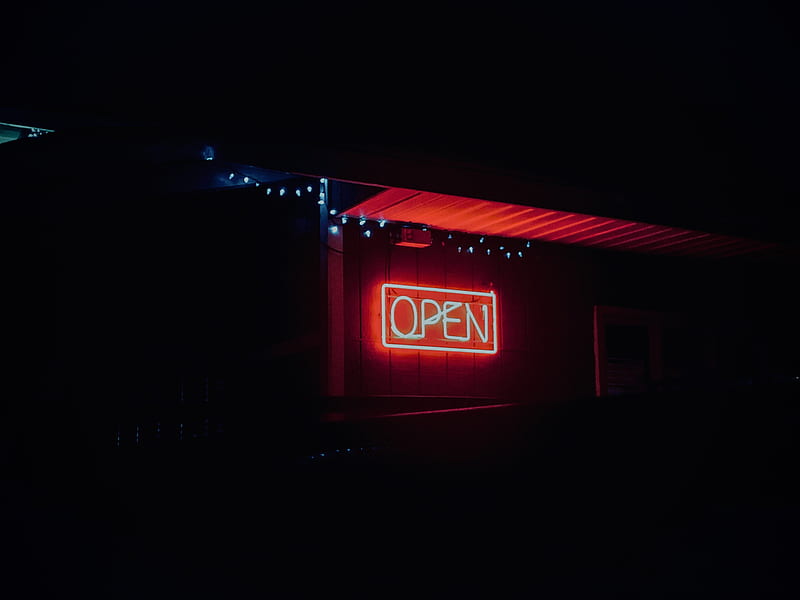 open, signboard, text, neon, dark, HD wallpaper