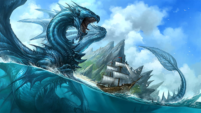 Fantasy Blue Dragon Is Floating On Water Dreamy, HD wallpaper