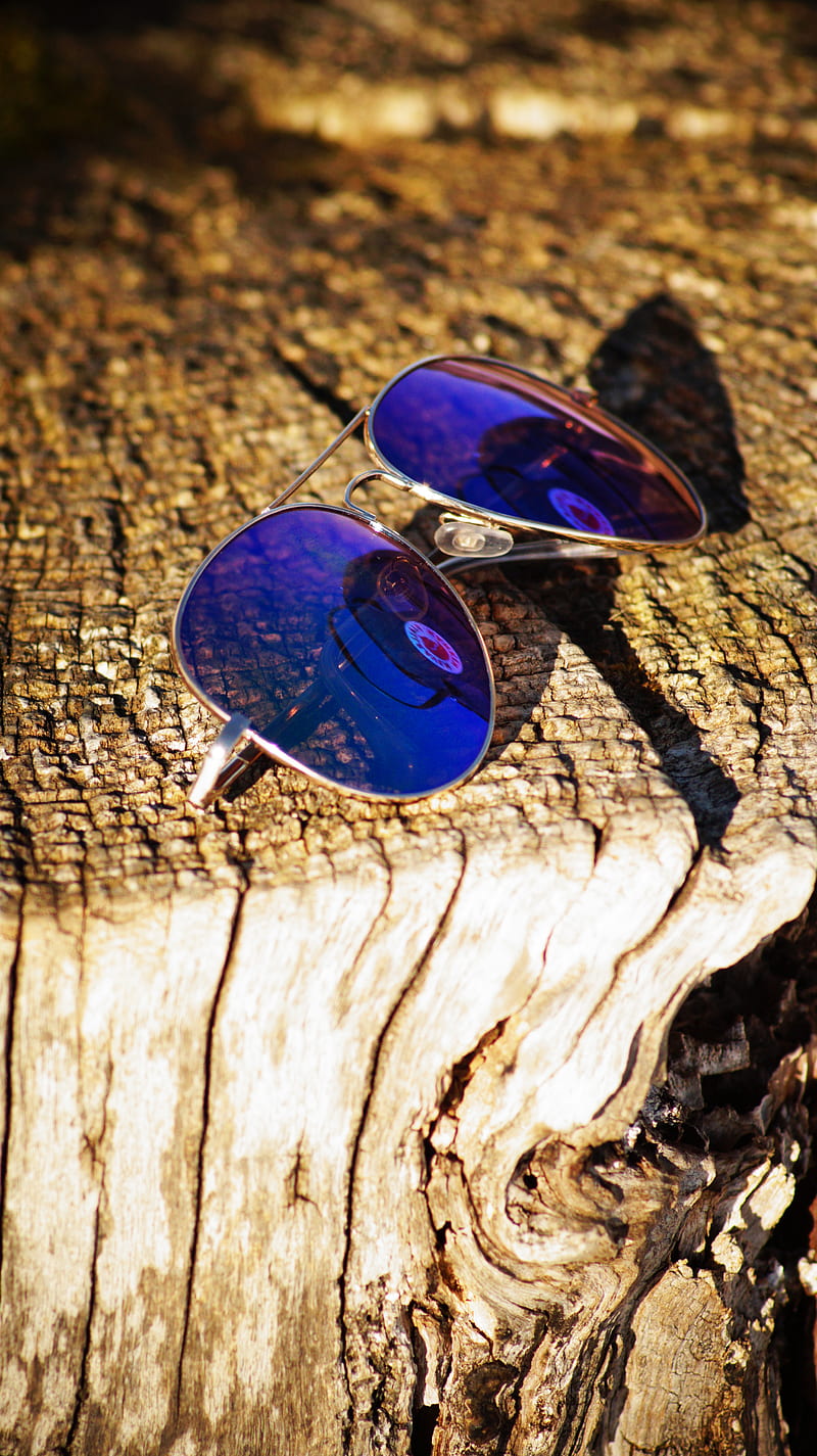 Sunglasses, blue, glasses, ray ban, summer, sun, wood, HD phone wallpaper