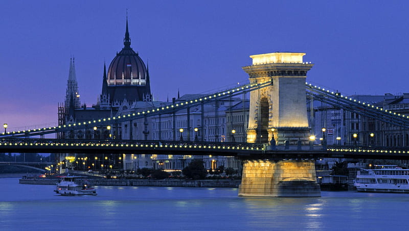 Budapest, Hungary, Cities, Bridge, Budapest At Night, Budapest, Blue, Hungary, City, Night, HD wallpaper