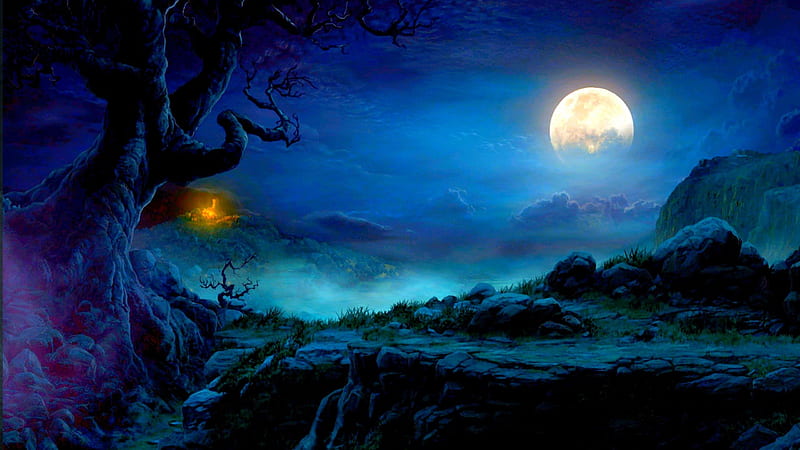 FULL MOON NIGHT, tree, fantasy, mountains, sky, fog, fullmoon, HD wallpaper