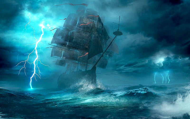 Stormy Seas, Ship, ocean, Stormy, waves, sky, Lightning, storm, sea, Clouds, dark, HD wallpaper