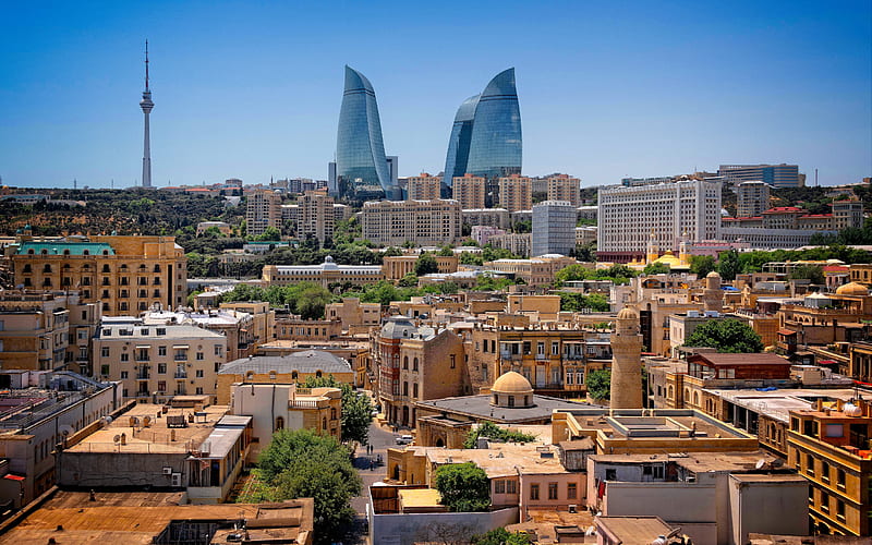 Baku, Flame Towers, skyscrapers, panorama, modern buildings, cityscape, Azerbaijan, HD wallpaper