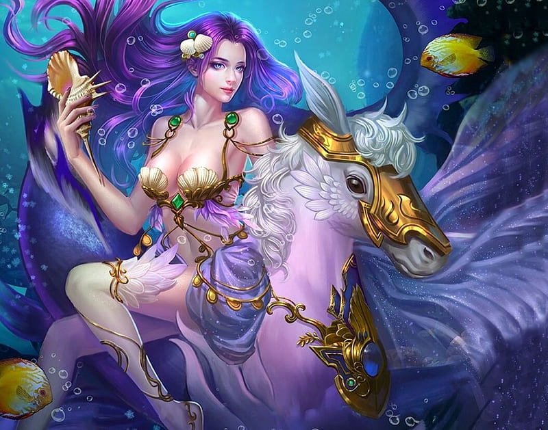 Under Water Sea Fantasy, lovely, fish, bonito, sea, Sea horse, fantasy, fantasy girl, Digital, magical, purples, HD wallpaper