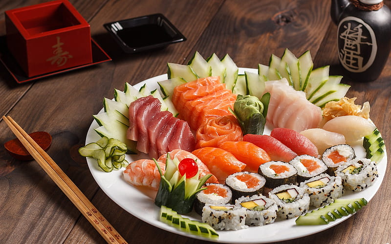 sushi, rolls, Japanese food, fish dishes, salmon, Sashimi, California sushi, Nigirizushi, Nori, HD wallpaper
