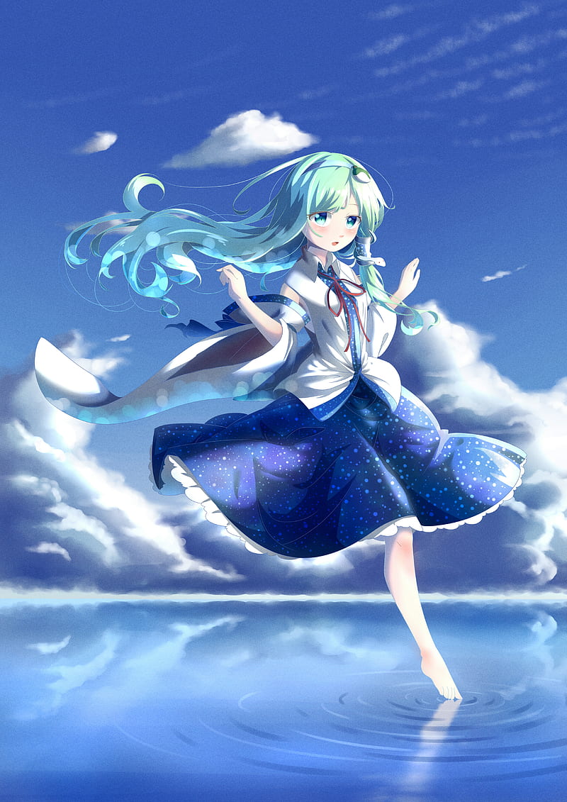 kochiya sanae, water splash, touhou, running, scenic, clouds, Anime, HD phone wallpaper