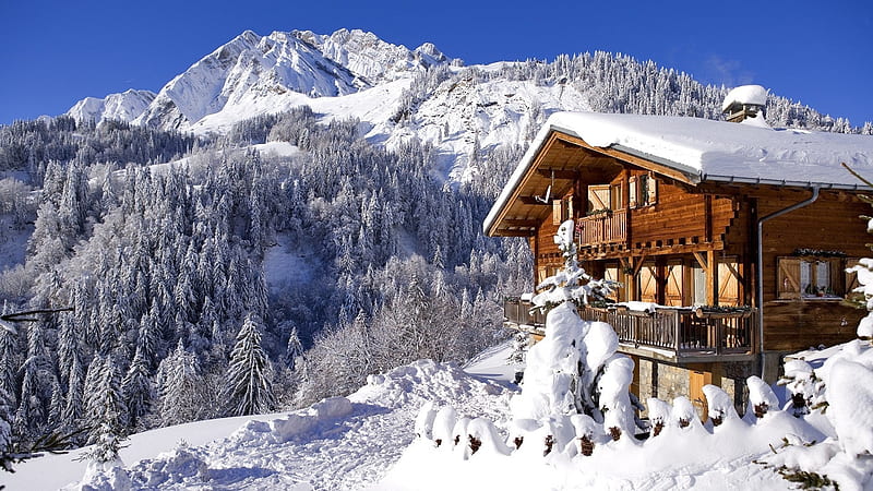 Chalet in the mountains, snow, chalet, winter, French Alps, HD wallpaper