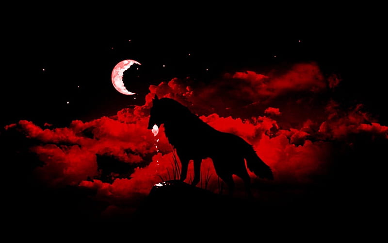 Wolf Eating The Moon, Eat, Black, Red, Moon, Abstract, White, Wolf, Fantasy, HD wallpaper