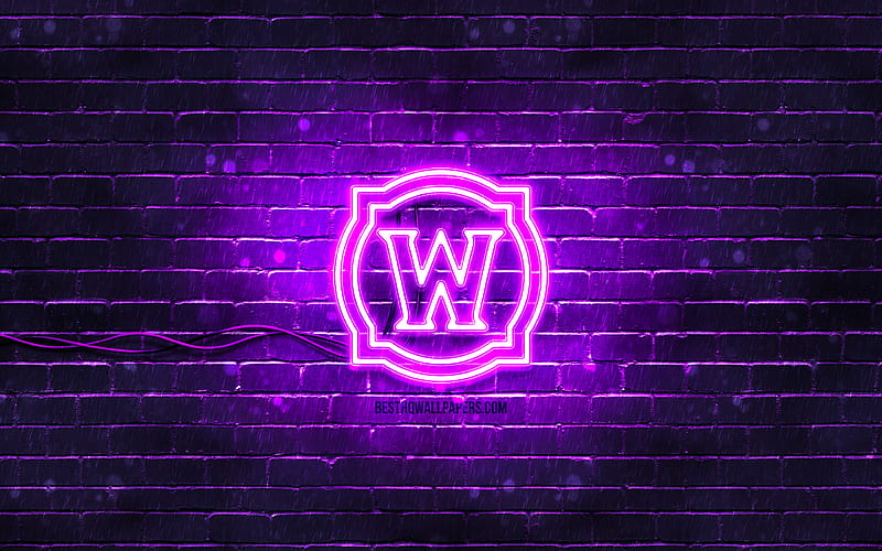 World of Warcraft violet logo WoW, violet brickwall, World of Warcraft logo, creative, World of Warcraft neon logo, WoW logo, World of Warcraft, HD wallpaper