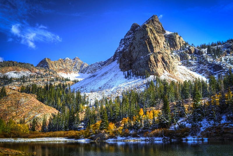 Autumn In The Mountain, forest, grass, morning view, bonito, lake, snow, mountains, Sundial Peak, Utah, HD wallpaper