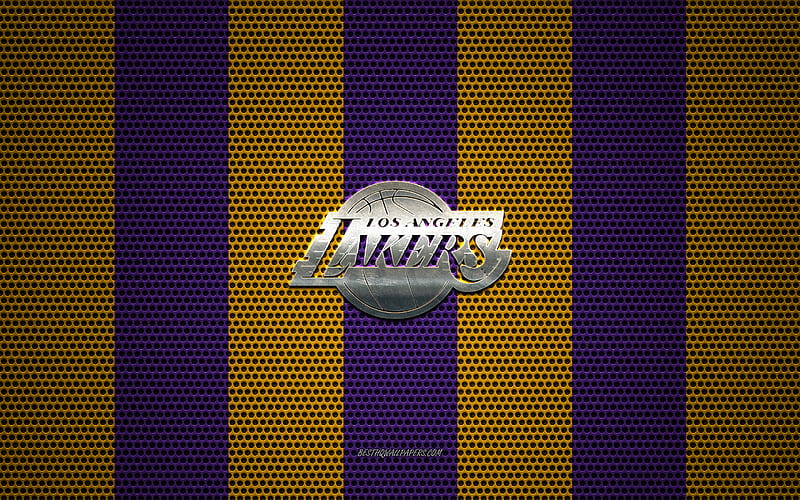 Los Angeles Lakers logo, American basketball club, metal emblem, purple-yellow metal mesh background, Los Angeles Lakers, NBA, Los Angeles, California, USA, basketball, HD wallpaper