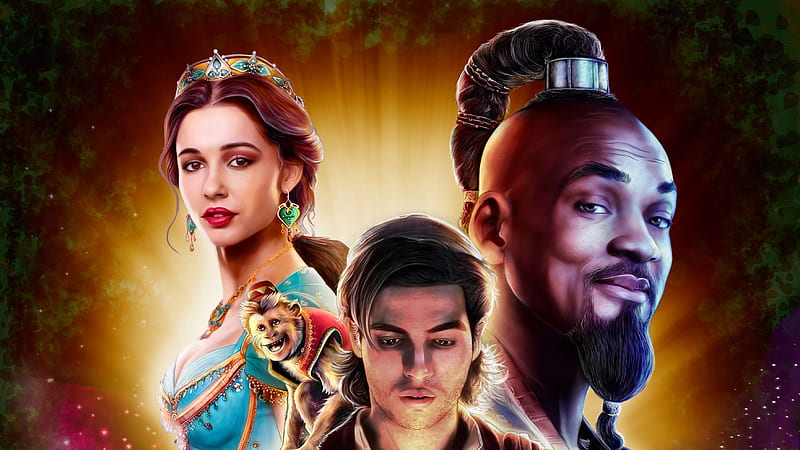 Aladdin 2019, poster, jasmine, fantasy, aladdin, girl, man, genie, princess, movie, HD wallpaper