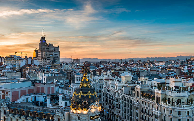Madrid, Gran Via, cityscapes, spanish cities, Madrid at evening, Spain, sunset, Madrid skyline, Cities of Spain, HD wallpaper