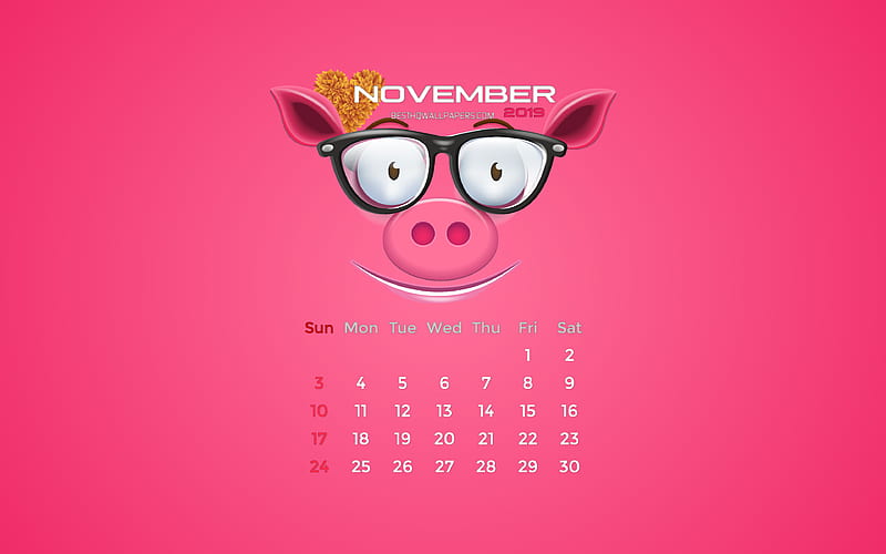 November 2019 Calendar autumn, pink piggy, 2019 calendar, November 2019, creative, piggy with leaves, November 2019 calendar with pig, Calendar November 2019, pink background, 2019 calendars, HD wallpaper