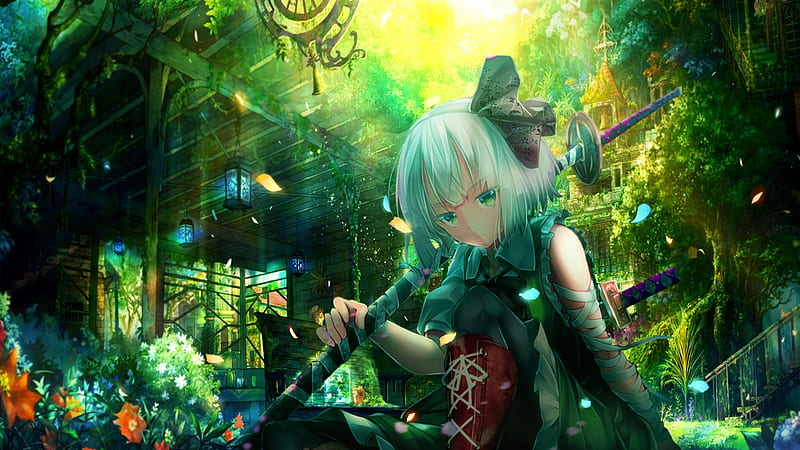 Konpaku Youmu, Chibi, Touhou, Sword Girl, Green City, HD wallpaper