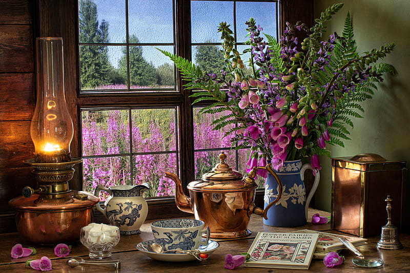 Still life, Flowers, Lamp, Books, Style, Window, Kettle, HD wallpaper