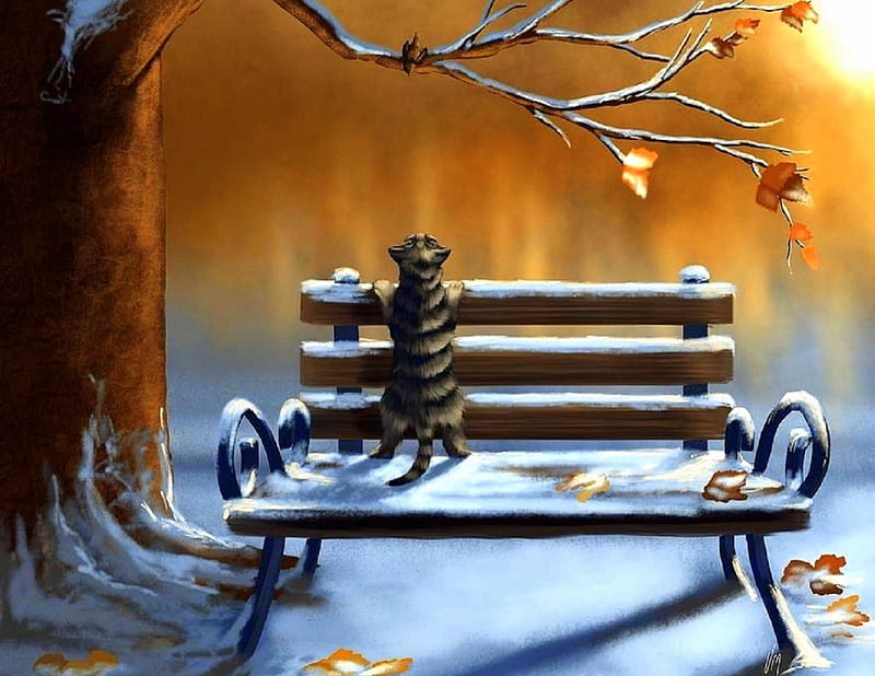 Sweet Friendship, holidays, love four seasons, cat, xmas and new year, winter, paintings, bird, snow, beloved valentines, branches, animals, HD wallpaper