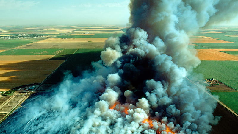 Aerial View Of Wheat Field Stubble Burn With Smoke Nature, HD wallpaper