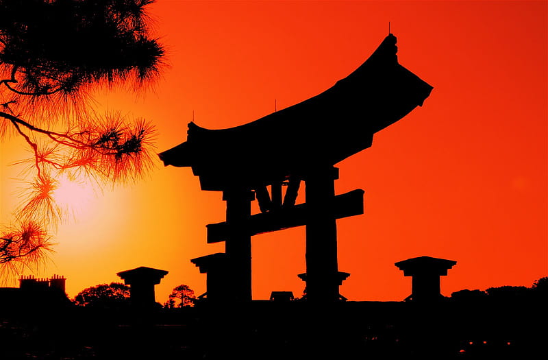 sunset in japan, sun, orange, dusk, black, sunset, silhouette, graphy, japan, dark, beauty, evening, HD wallpaper