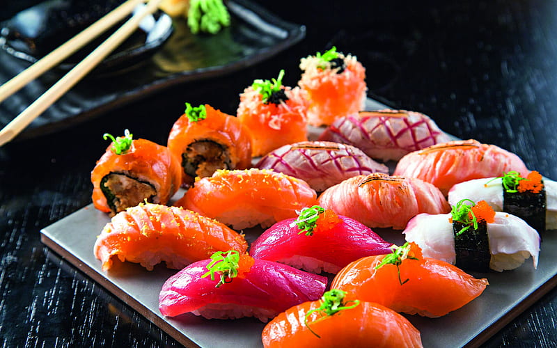 sushi, nigiri, Japanese food, rolls, salmon Japanese dishes, HD wallpaper