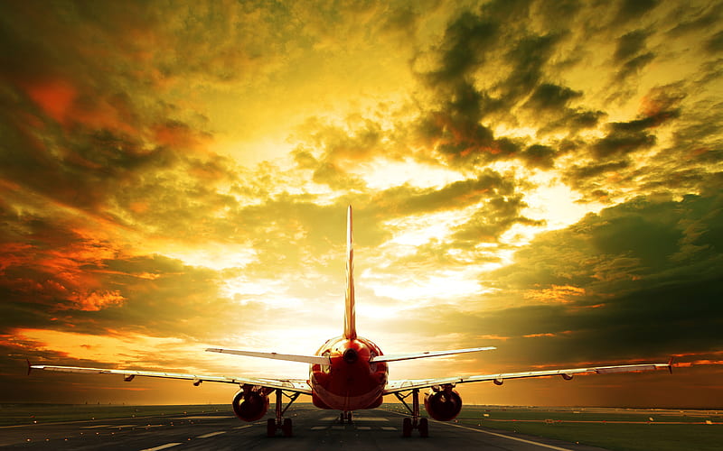 passenger plane sunset, airliner, landing strip, HD wallpaper