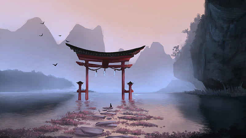 Anime, Shrine, Cat, Lake, Mountain, Torii, HD wallpaper