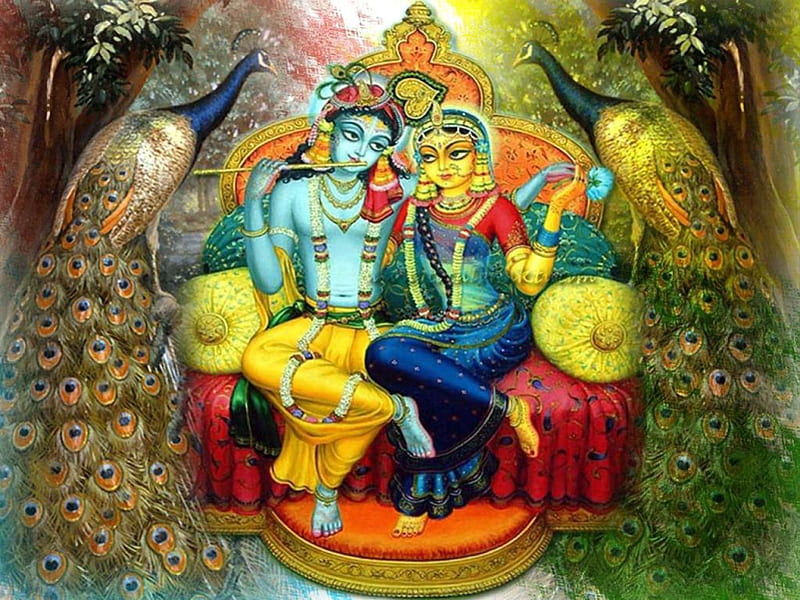 radha krishna, peacock, nature, krishna, radha, HD wallpaper