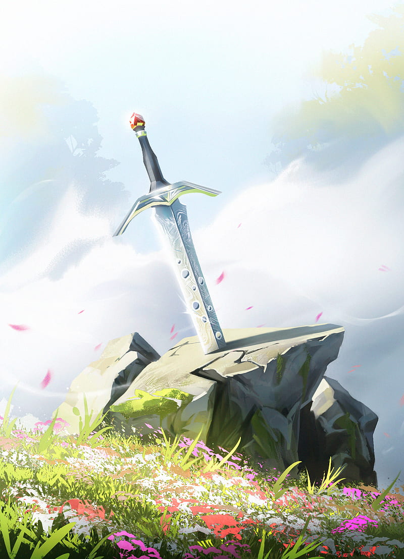 excalibur, sword, stone, grass, art, HD phone wallpaper