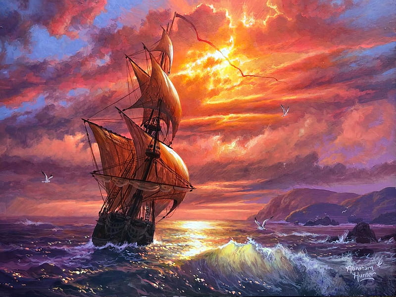 Voyage Light, sailship, sails, waves, clouds, sky, sea, sun, sunset, artwork, ship, painting, HD wallpaper