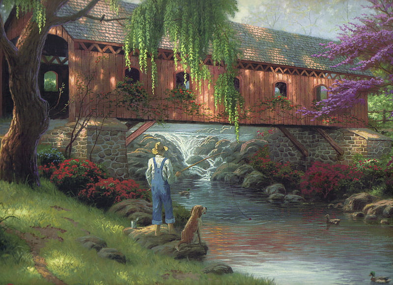 T.K. - the old fishin' hole, painting, boy, bridge, fishing, HD wallpaper