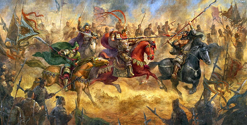 Combat between the three heroes against general Lu Bu at Hu-Lao Gate, cal, wang kewei, art, people, painting, man, horse, pictura, HD wallpaper
