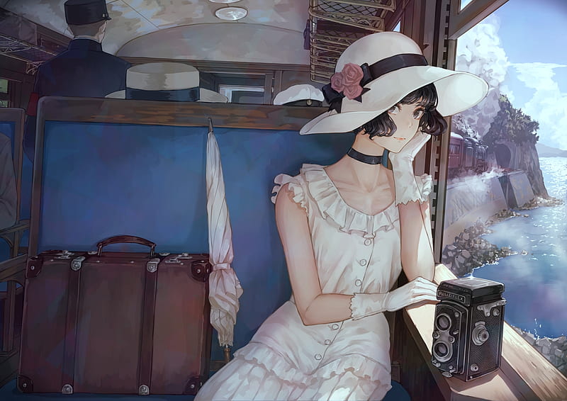 One for a while, anime, beauty, anime girl, pretty dress, bag, umbrella, bonito, adorable, adore, sweet, nice, blue, gorgeous, luggage, lovely, female, hat, cute, kawaii, girl, white, lady, maiden, HD wallpaper