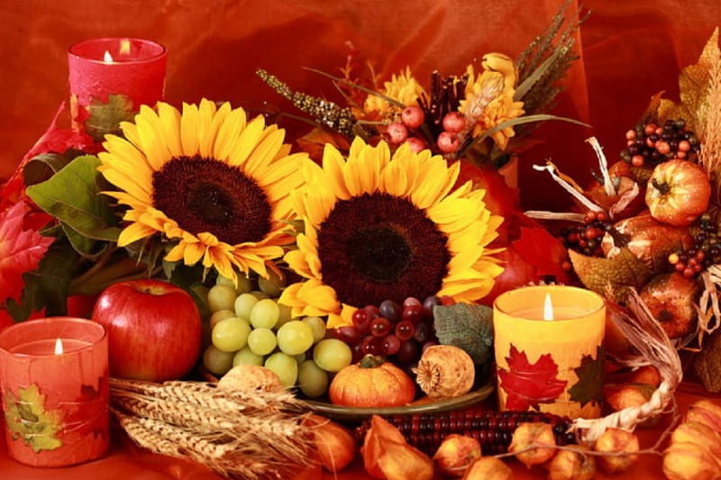Give Thanks, fall leaves, still life, Thanksgiving, sunflowers, fruits, candles, HD wallpaper