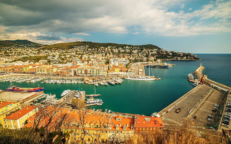 Nice, evening, sunset, bay, harbor, France, Mediterranean, Riviera, yachts, HD wallpaper