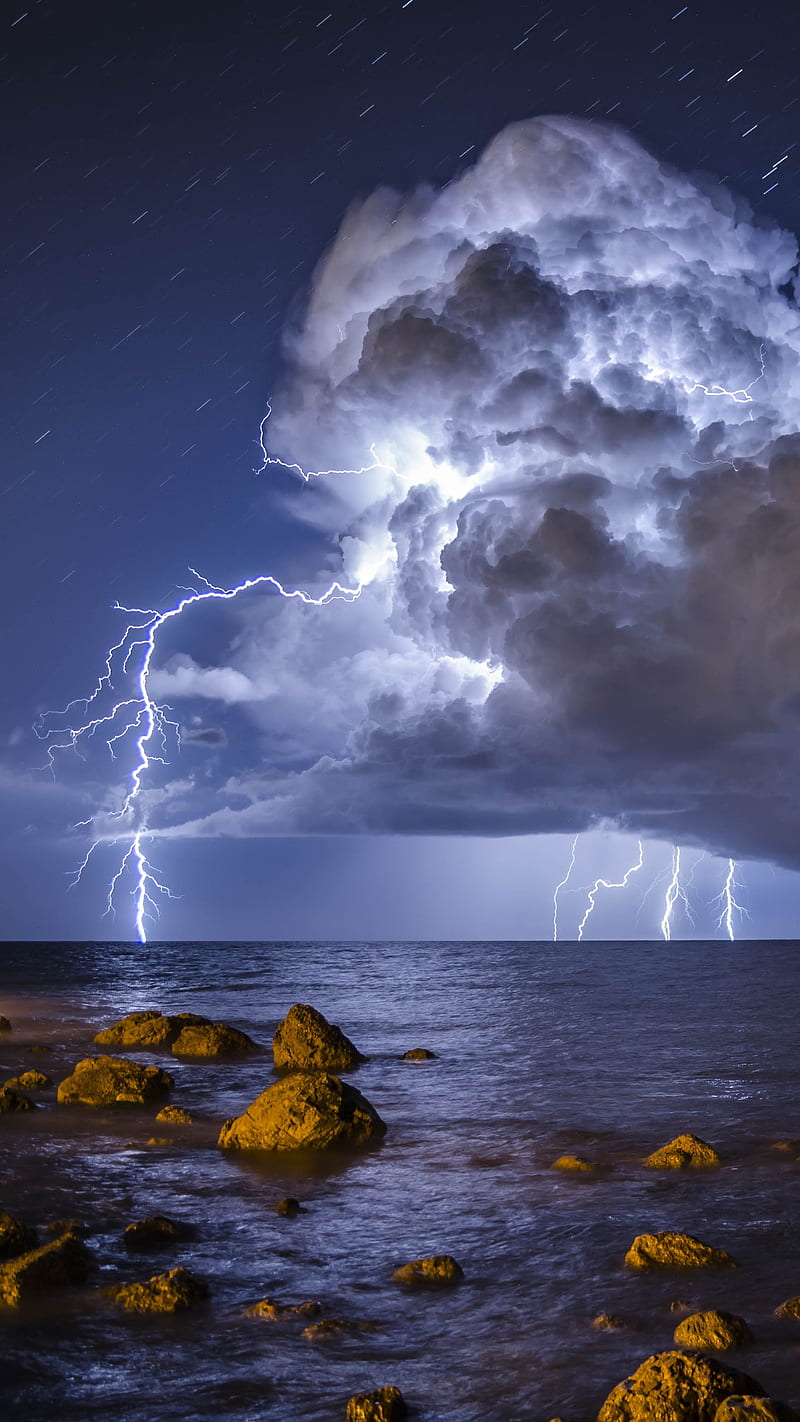 Storm, blue, cloud, lightning, nature, sea, sky, stones, HD phone wallpaper