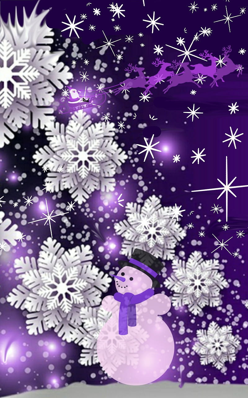 STARRY NIGHT, holiday, purple, santa, sleigh ride, snowflakes, snowman, HD phone wallpaper