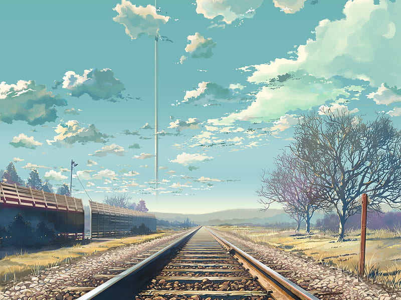 Train Tracks, dead, sign, trees, sky, clouds, train, dead trees, anime, station, tracks, HD wallpaper