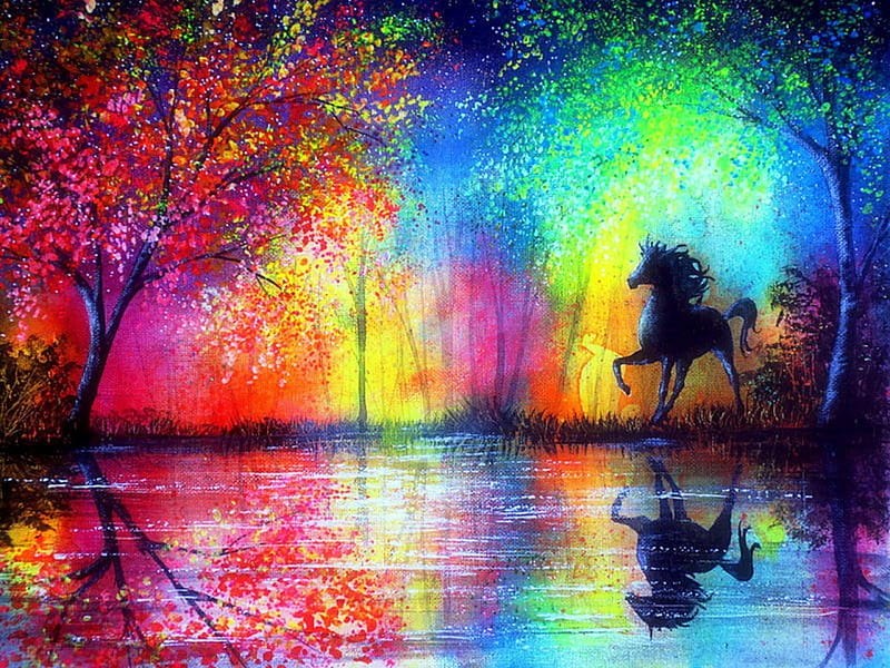 -Horse in the Rainbow-, colorful, draw and paint, attractions in dreams, bonito, rainbow, most ed, seasons, stallion, paintings, landscapes, flowers, forests, scenery, traditional art, animals, colors, love four seasons, creative pre-made, spring, trees, horses, weird things people wear, nature, reflections, HD wallpaper
