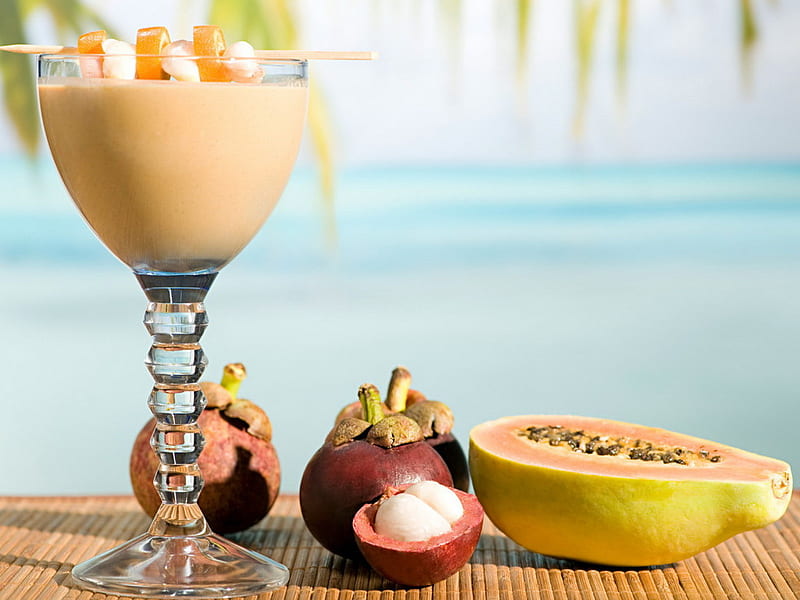Exotic Cocktail, orange, papaya, sea, fruit, glass, drink, milk, island, stem, HD wallpaper