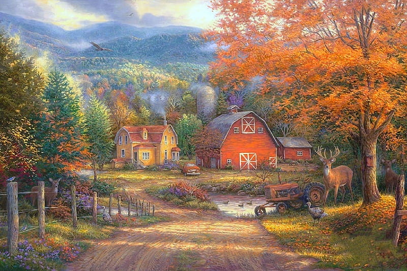 Country Roads, Take me Home, rural, fall season, autumn, tractor, houses, colors, love four seasons, home, farms, attractions in dreams, trees, roads, paintings, nature, HD wallpaper