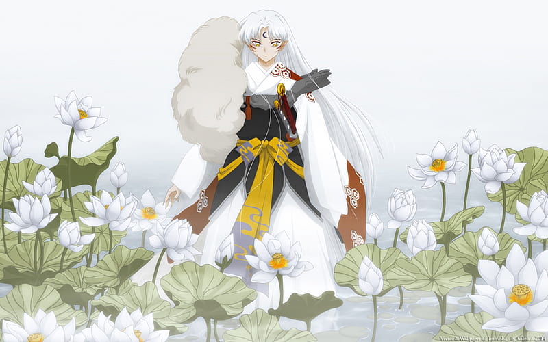 White, lotus, guy, white hair, angry, floral, lotus pond, blade, emotional, anime, handsome, hot, weapon, long hair, sword, fur, male, water lily, mad, sexy, pond, cool, warrior, flower, inuyasha, silver hair, sinister, sesshomaru, serious, HD wallpaper