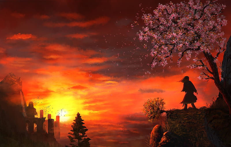 Sunset, nathan colot, knight, art, orange, luminos, man, spring, sky, fantasy, tree, pink, HD wallpaper