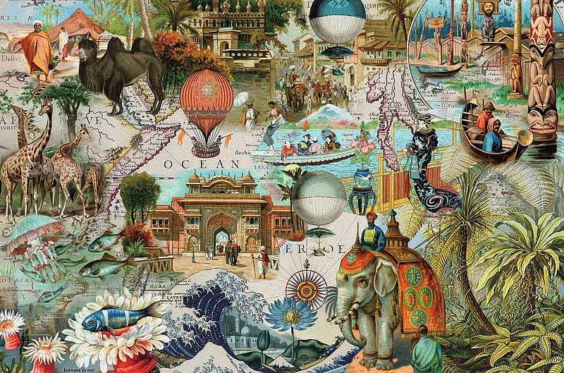 Wonderful world, fish, elephant, car, painting, pictura, art, world, peste, balloon, flower, camel, HD wallpaper