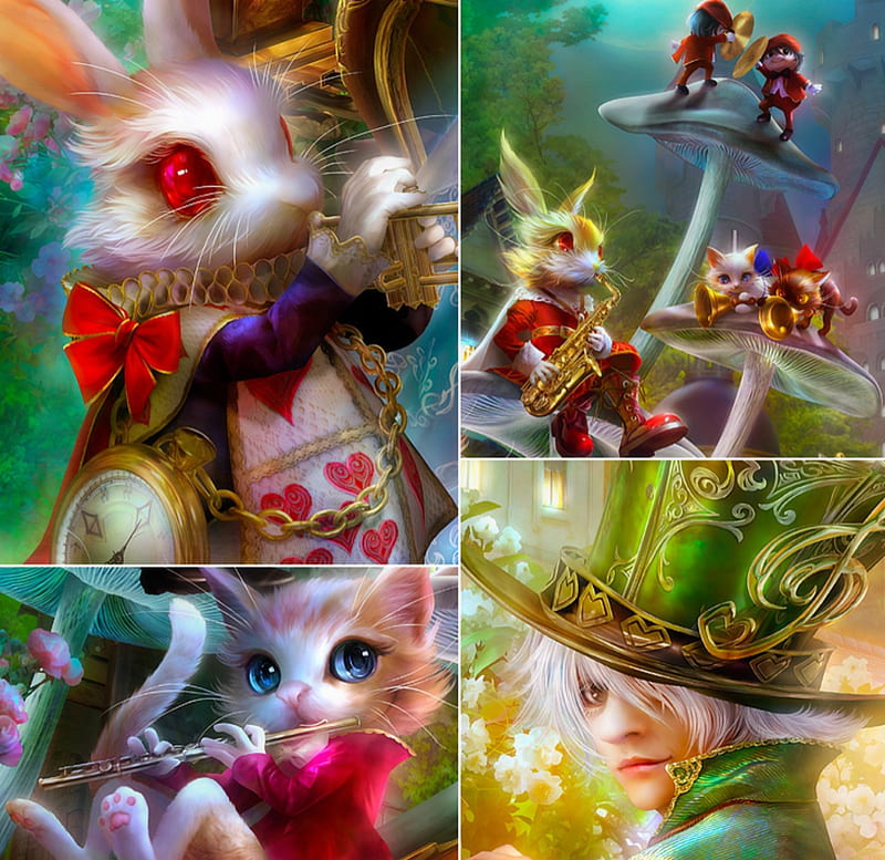 Alice symphony collage, white rabbit, bunny, madhatter, alice, shu, wonderland, cat, fantasy, alice symphony, green, shu littlebit, girl, pisici, HD wallpaper