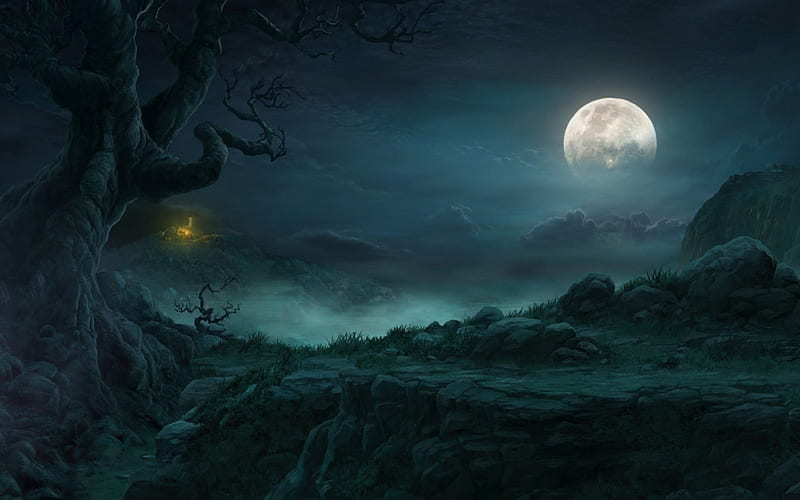 eerie night, hills, tree, moon, field, HD wallpaper