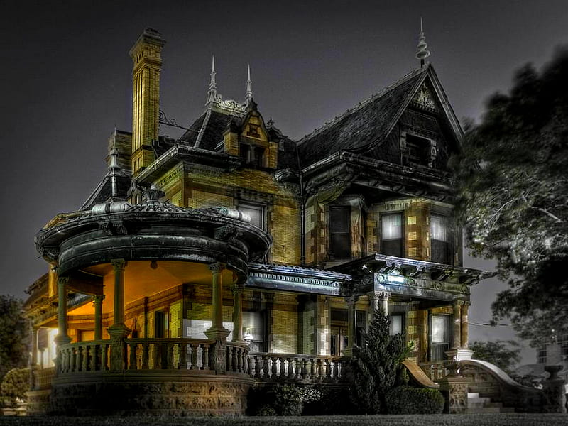 RESIDENTIAL SPIRITS, house, spooky, victorian, scary, eerie, lights, night, HD wallpaper