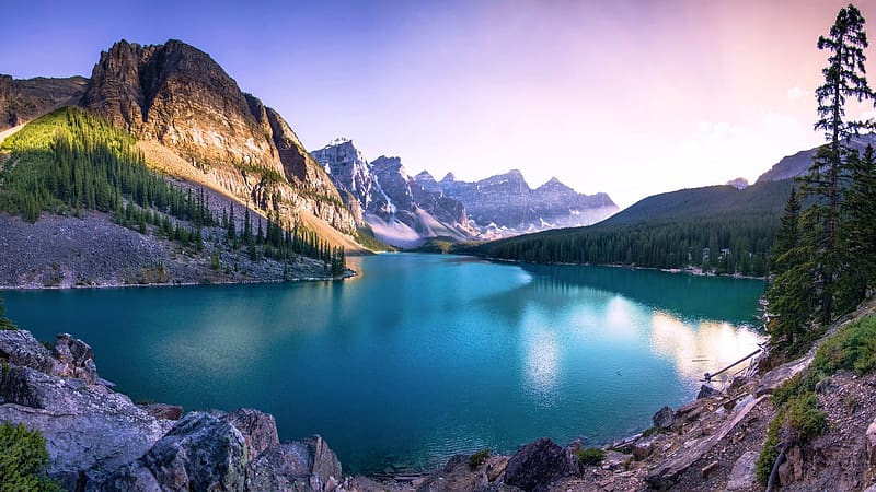Moraine Lake, Banff NP, Alberta, clouds, landscape, sky, canada, water, rocks, mountains, reflections, trees, HD wallpaper
