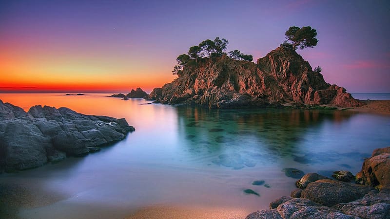 Rocky Coast at Costa Brava, Catalonia, Spain, sky, sunset, sea, colors, landscape, water, HD wallpaper