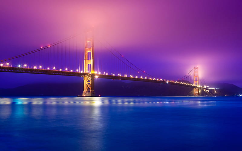 Golden Gate Bridge, fog, nightscape, San Francisco, California, USA, America, HD wallpaper