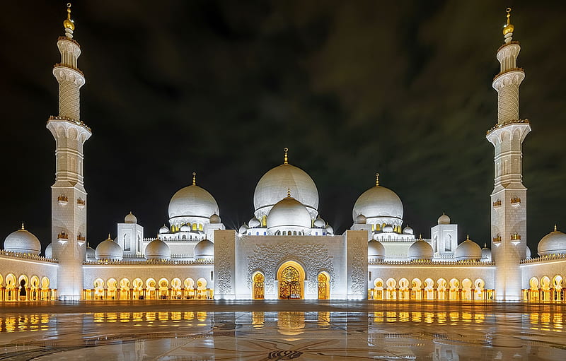 :), night, al jami al kabir, arab emirates, abu dhabi, yellow, castle, white, HD wallpaper